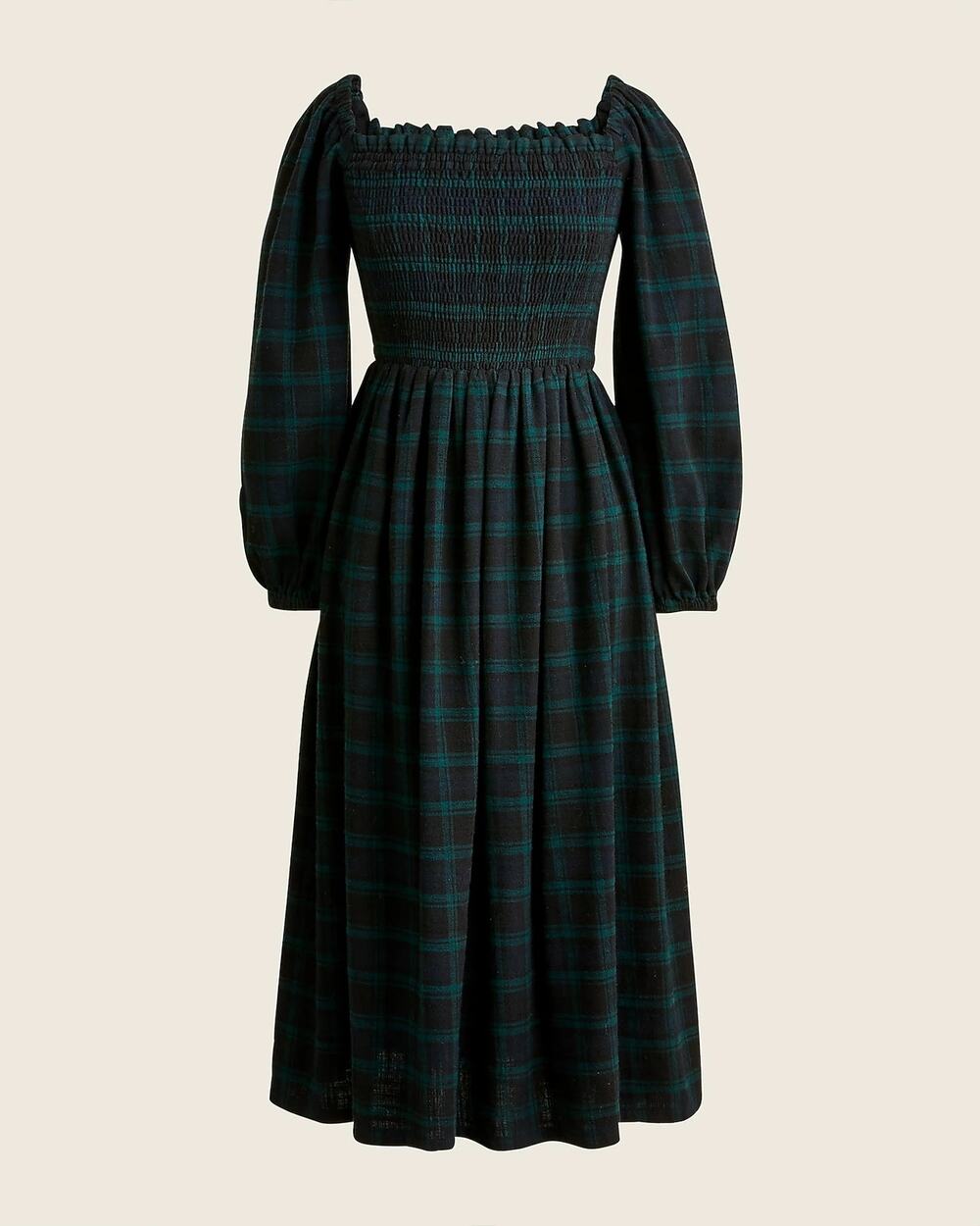 J. Crew Smocked Puff Sleeve Flannel Midi Dress Black Watch Tartan Plaid Medium